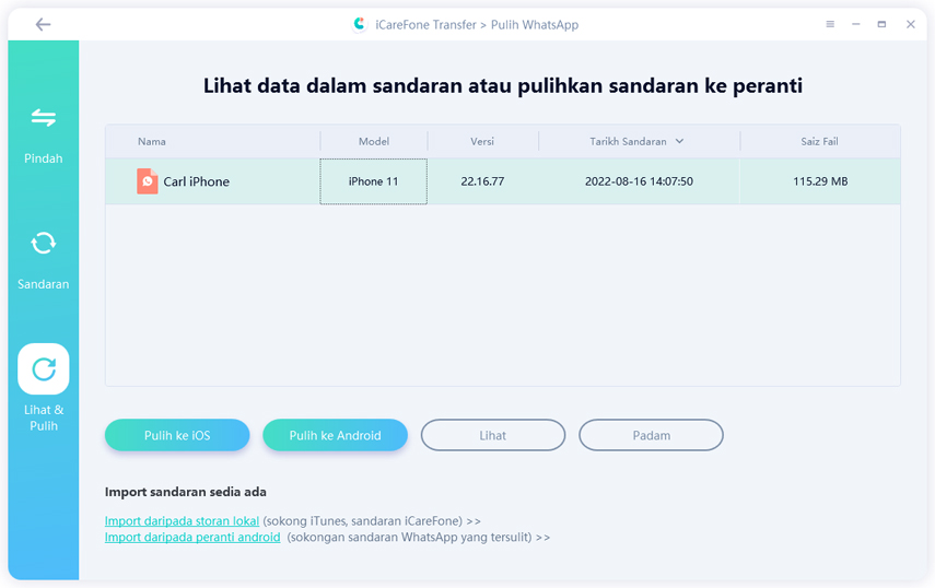 klik fail sandaran icarefone untuk pemindahan whatsapp