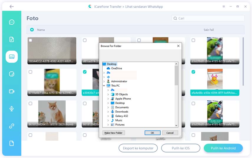 pilih folder icarefone untuk pemindahan whatsapp