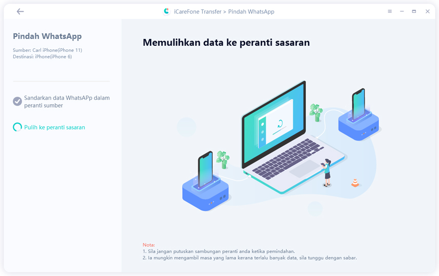 pulihkan data whatsapp ke peranti sasaran