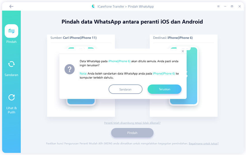 pastikan log masuk whatsapp dengan icarefone