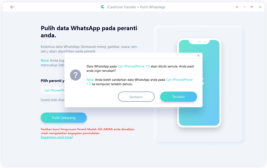 memulihkan data whatsapp akan ditulis ganti