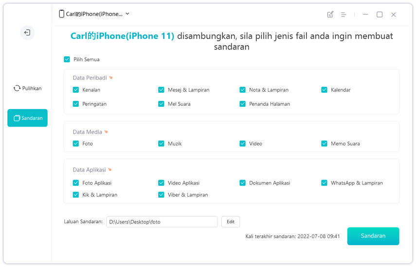 peranti ios sandaran - panduan icarefone