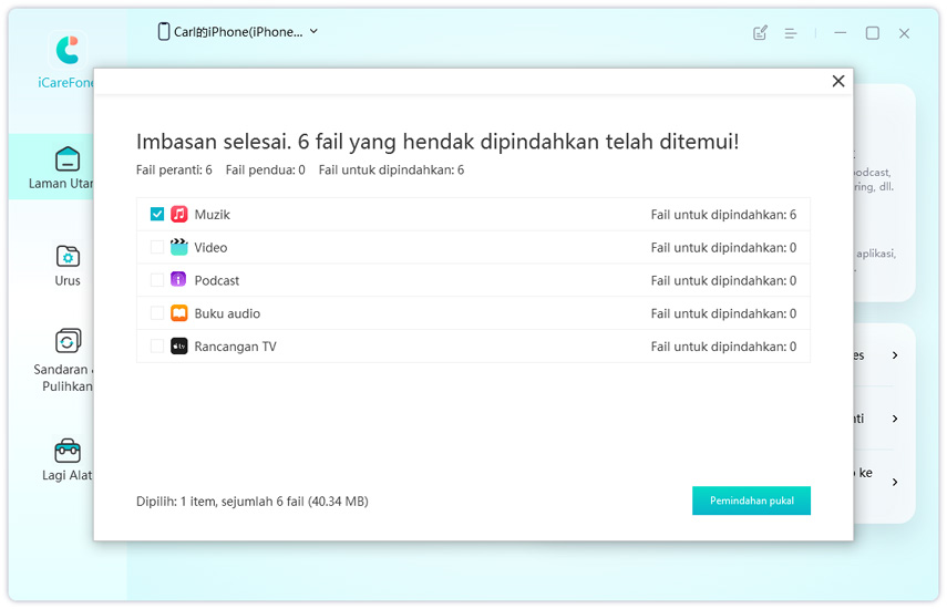 pindahkan fail media peranti ke iTunes - panduan icarefone