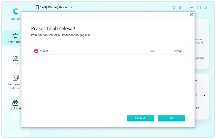 pemindahan media peranti ke iTunes selesai - panduan icarefone