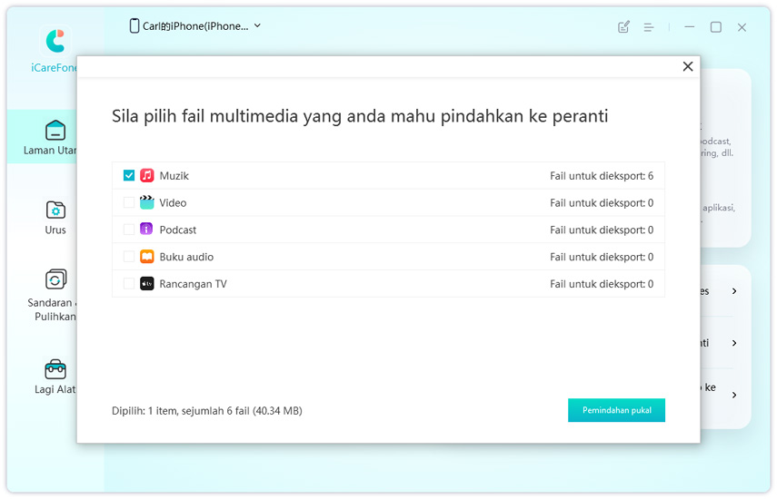 pindahkan fail media peranti ke iTunes - panduan icarefone